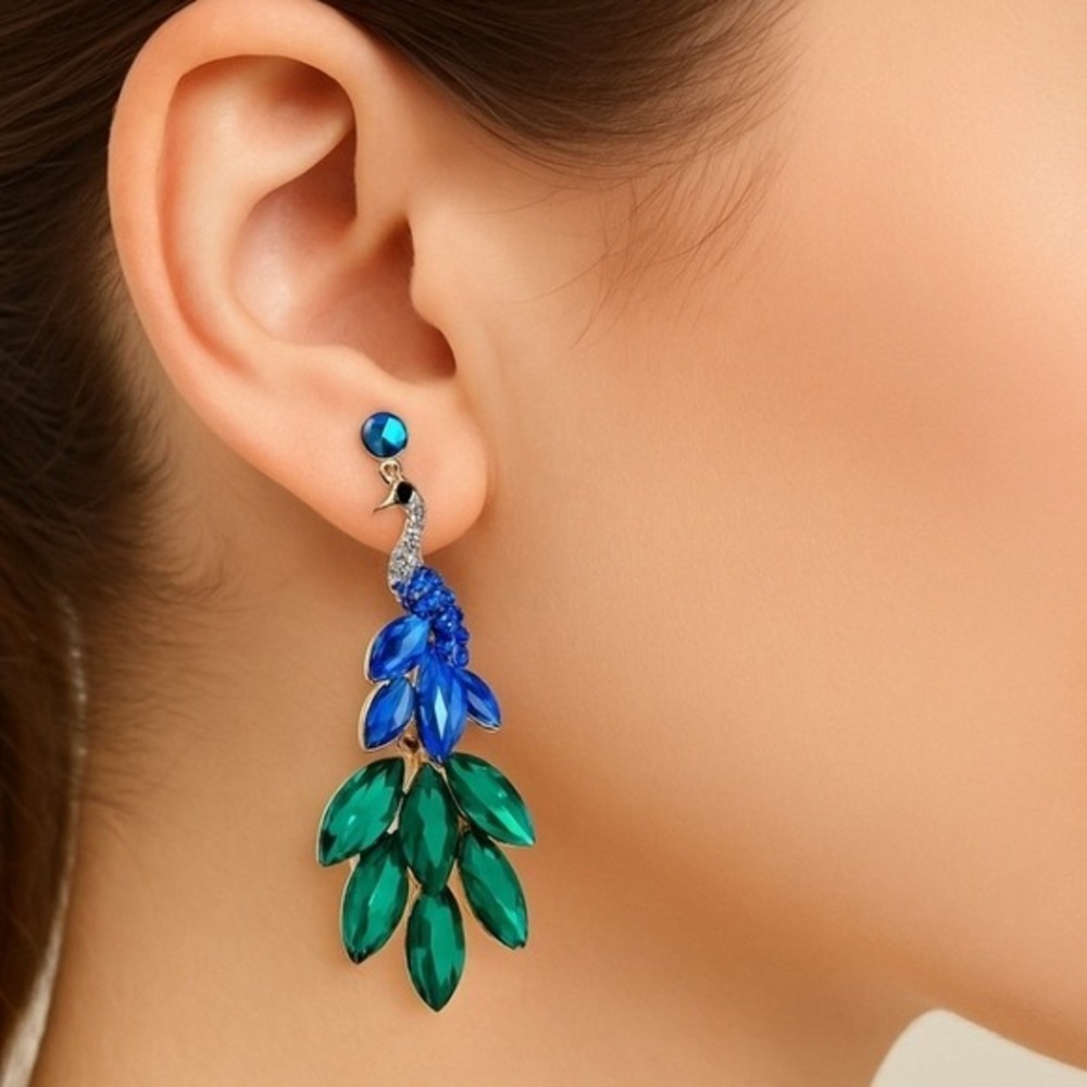 Gold Peacock Statement Dangle Bird Earrings Blue Green Rhinestone Party glam 💖